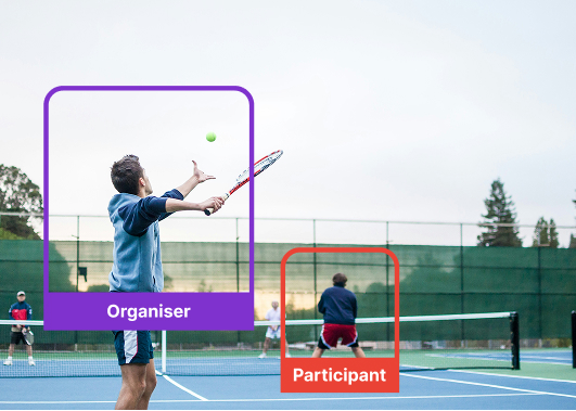 Tennis players on court highlighting organiser and participant roles